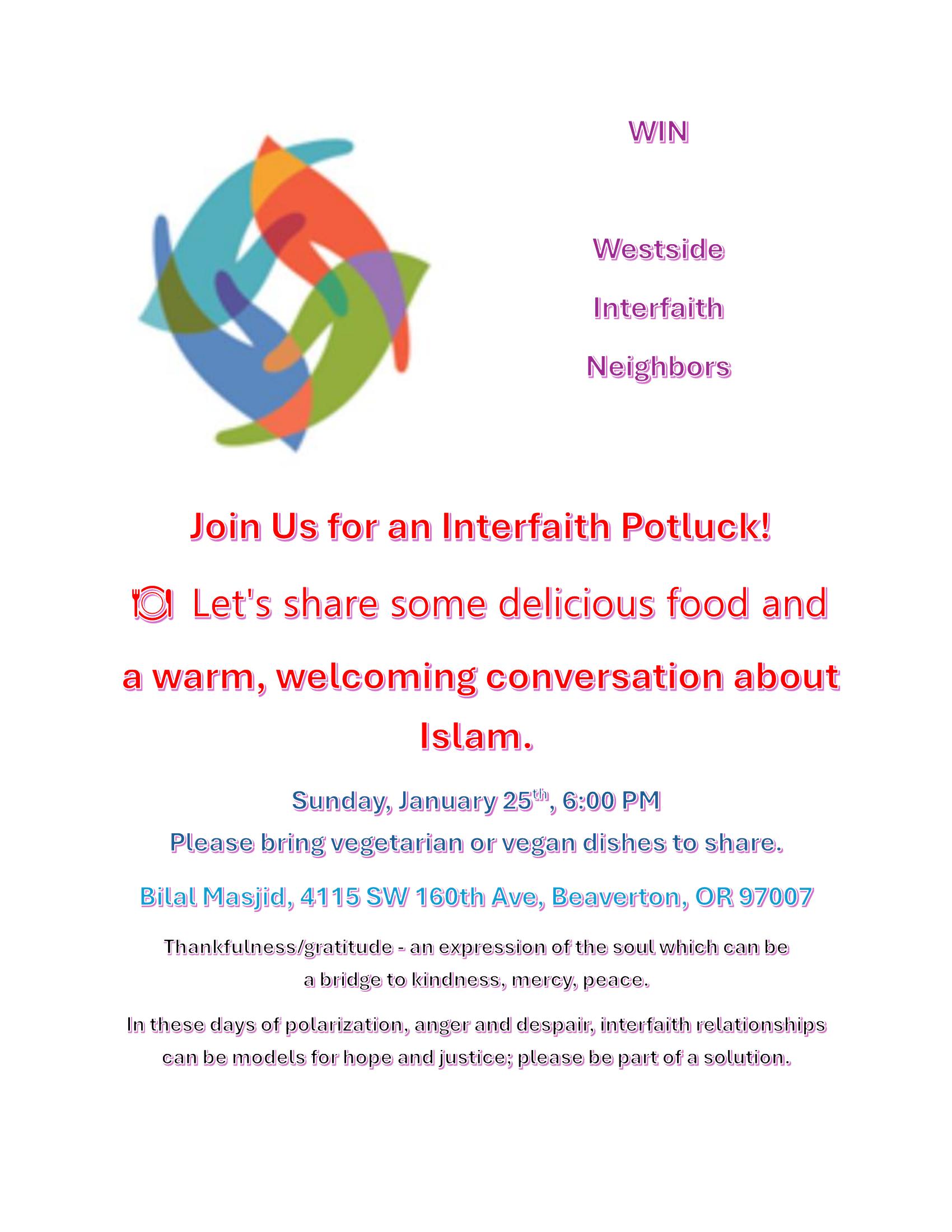 Interfaith Potluck flyer, January 2026, Bilal Masjid