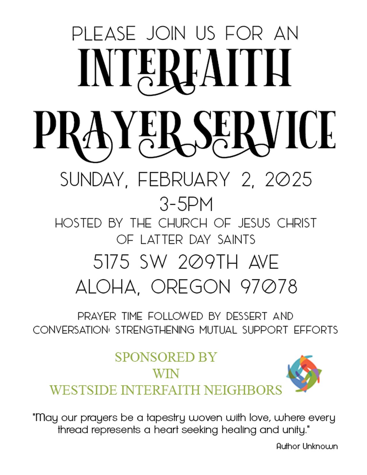 Interfaith Prayer Service flyer, February 2025