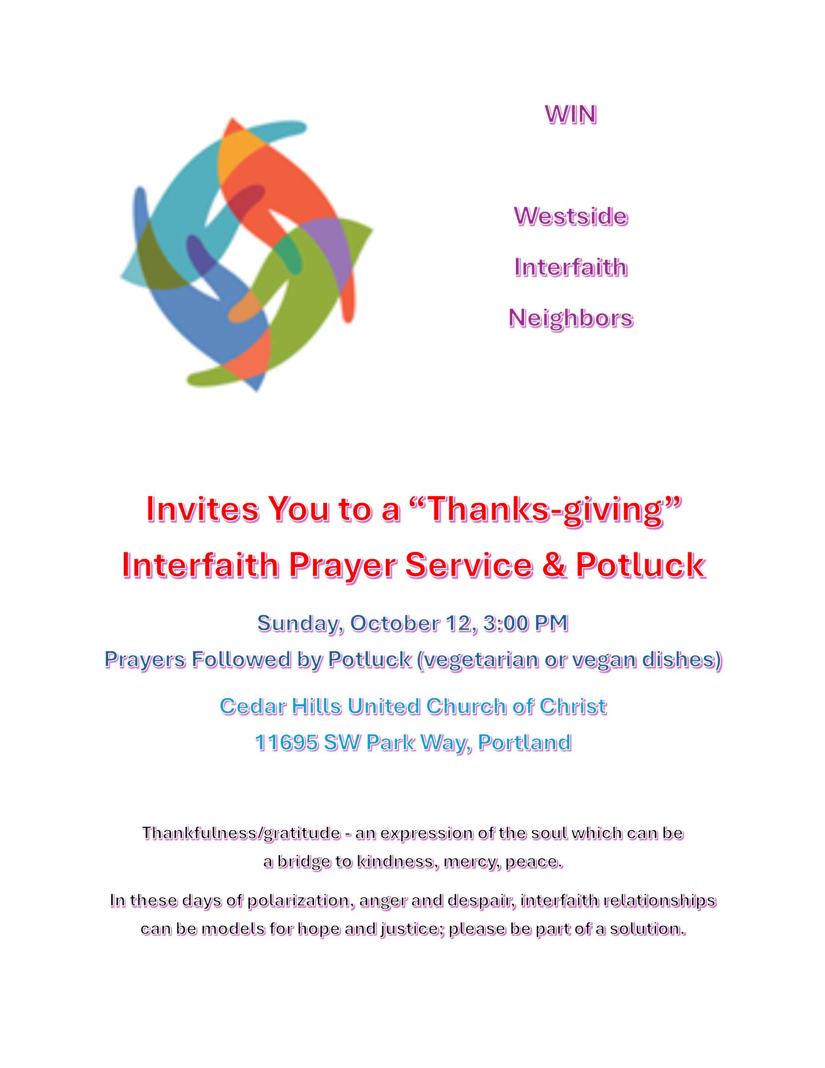 Thanks-giving Interfaith Prayer Service flyer, October 2025